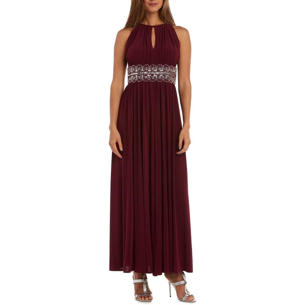 R & M Collection Maxi Dress Women Size 6 Burgundy Beaded Halter Neck Gown